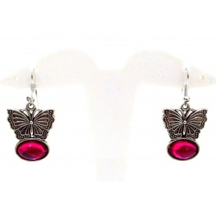 FUCHSIA BUTTERFLY Silver Oxidized Earring - Hook Dangle Drop - Fashion Novelty
